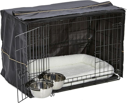 MidWest Homes for Pets Double Door iCrate Starter Kit, 30-inch Dog Crate Bundle for Medium Breeds, Includes Cage, Pet Bed, 2 Bowls and Privacy Cover
