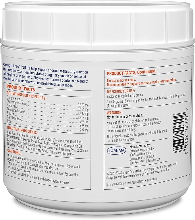 Farnam Cough Free Horse Supplement Pellets, Respiratory Support for Seasonal Allergies, Stable Cough, Lung Support Supplement, Show Safe, Herbal Formula, 2.5 lbs, 70-Day Supply
