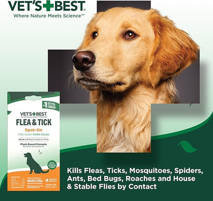 Vet’s Best Natural Flea and Tick Drops for Dogs – Natural Topical Flea Prevention with Certified Essential Oils – Plant-Based Spot-On Treatment for Large Dogs – Pest Control – 4 Month Supply