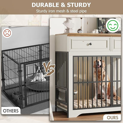 QUW 42" Modern Dog Crate Furniture, Wooden Dog Kennel for Medium to Large with 360° Rotating & 3-Levels Adjustable Height Dogs Bowl Holder, Decorative Dogs cage Pet House Indoor, Antique White