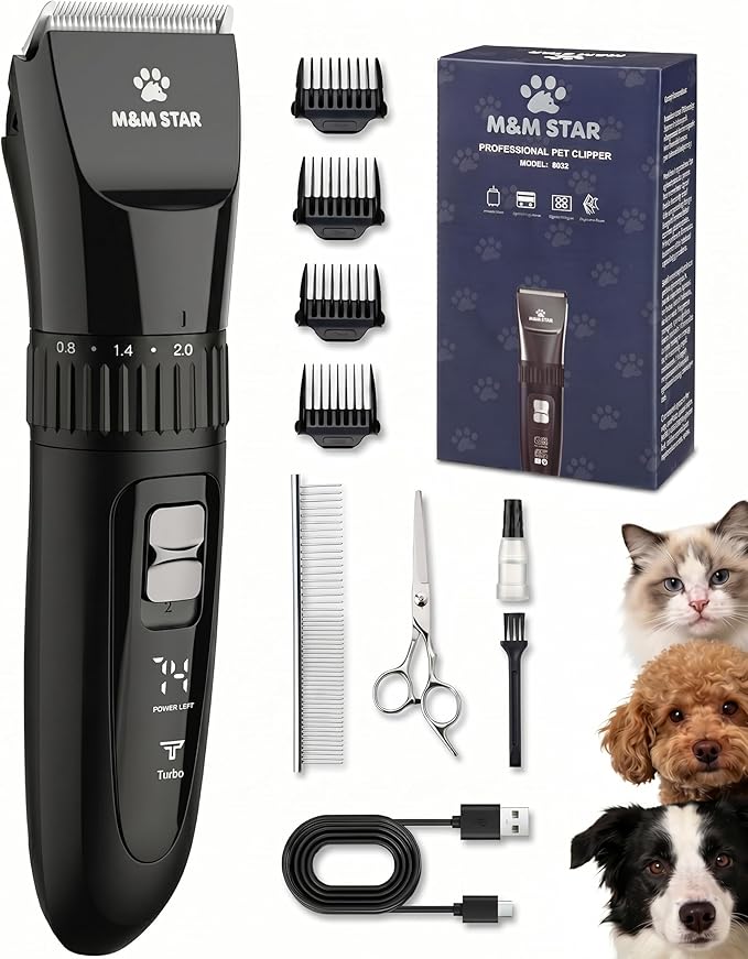 M&M STAR Dog Grooming Kit, Low Noise Dog Clippers, 2-Speed IPX7 Waterproof, Rechargeable Cordless Pet Hair Clippers Trimmer Shaver with LED Display for Small Large Dogs Cats, Black