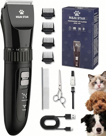 M&M STAR Dog Grooming Kit, Low Noise Dog Clippers, 2-Speed IPX7 Waterproof, Rechargeable Cordless Pet Hair Clippers Trimmer Shaver with LED Display for Small Large Dogs Cats, Black