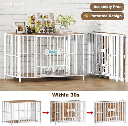 Easycom 43" Dog Crate Furniture Foldable, No Assembly Decorative Dog Kennel Indoor, XL Dog Crates for Large Dogs (60-80 lbs), Wooden Dog Cage with Adjustable Bowls and Name Tag, White & Beech