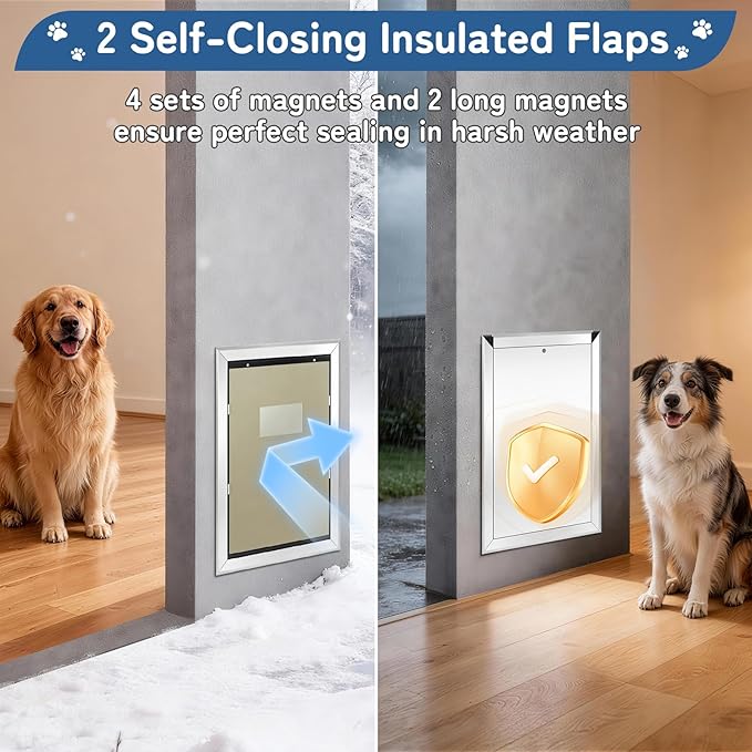 Extra Large Dog Door for Wall, XL Dog Door with 2 Self-Closing Insulated Flaps for Extreme Weather, Heavy Duty Aluminum XXL Dogs Doors with Telescoping Tunnel, Pets Up to 230LBS, X-Large, Sliver