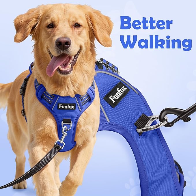 Funfox Dog Harness No Pull, Adjustable Pet Vest Harness, Super Soft Material with Vertical Handle Easy Control, Reflective Night Walking, 2 Leash Clips for XLarge Dogs, Blue, XL