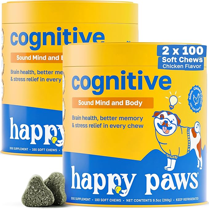 Happy Paws Cognitive Taurine Supplement for Dogs, Soft Chews with Spirulina, CoQ10 & Vitamins B1, B3, B12, Senior Dog Vitamins that Support Cognitive Function, Memory and Focus,