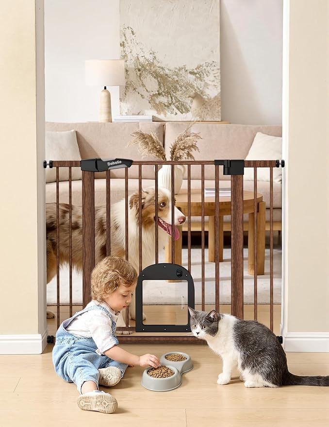 Babelio CatPrivilege Ⅲ Baby Gate with Cat Door, 29"-43" Adjustable Black Wood Pattern Pet Door, 30" Tall Pressure Mounted Safety Gate for Stairs & Doorways, Auto Close,Wall Protectors Included