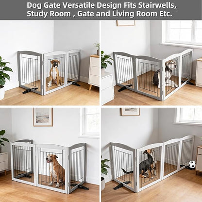 ZJSF Freestanding Dog Fence Indoor, Foldable Dog Gate for Doorways, Stairs or Hallways, Sturdy Wood Extra Wide Pet Gate with Support Feet for The House, Grey, 24 "Height-3 Panels