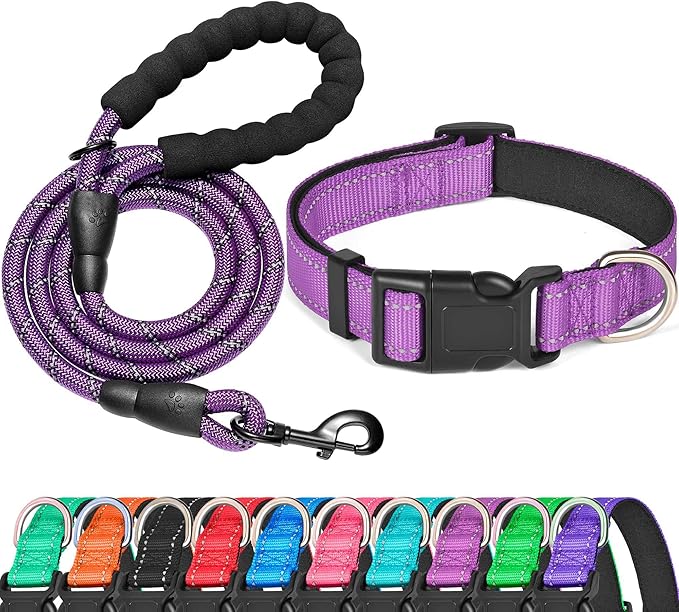 Ladoogo Reflective Dog Collar Padded with Soft Neoprene Breathable Adjustable Nylon Dog Collars for Small Medium Large Dogs (X-Small (Pack of 1), Purple Collar+Leash)