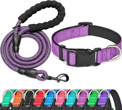 Ladoogo Reflective Dog Collar Padded with Soft Neoprene Breathable Adjustable Nylon Dog Collars for Small Medium Large Dogs (X-Small (Pack of 1), Purple Collar+Leash)