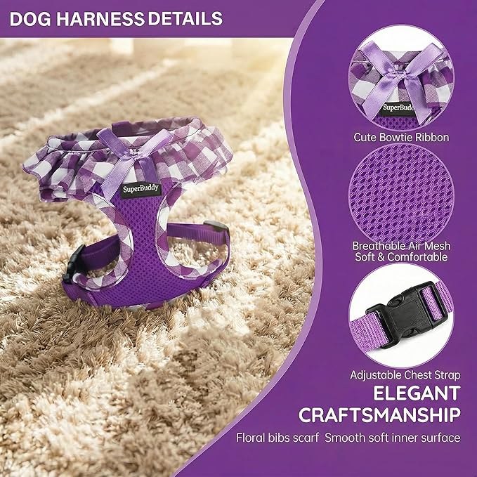 SuperBuddy Upgraded Soft Mesh Dog Harness, Super Breathable Lightweight Pet Harnesses for Puppy Dogs Outdoor Walking, Purple -XSmall