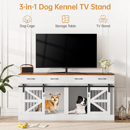 Dog Crate Furniture with Removable Divider & 4 Storage Drawers - 71" Large Wooden Dog Kennel Indoor End Table for 2 Dogs, Multi-Functional Dog Cage Furniture for Medium & Large Dogs