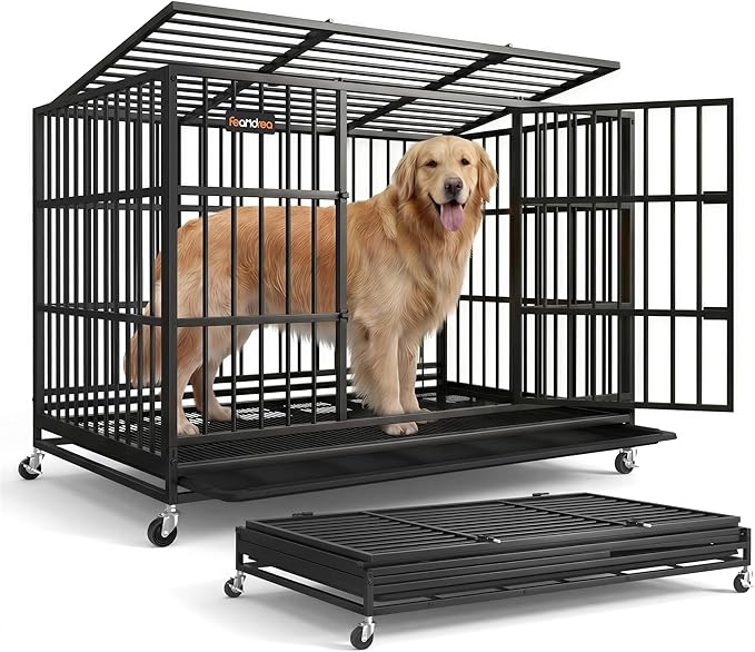 Feandrea Heavy-Duty Dog Crate, 5-Minute Quick Assembly, Foldable Dog Kennel Cage with Lockable Wheels, Double Doors, Escape Proof Fixed Bottom, Removable Tray, Easy to Clean, Ink Black, 48 Inch