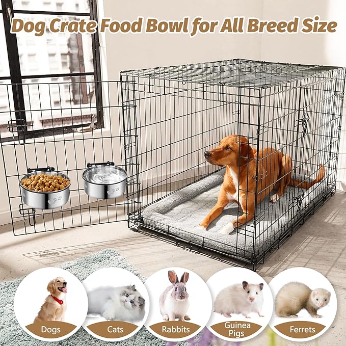 2 Pack Dog Crate Bowl, Metal Dog Water Food Bowl No Spill,Hanging Dogs Bowls for Kennel,Dogs Crate Water Feeder,Stainless Steel Kennel Bowls Mountable for Cats Bunny Ferret Bird