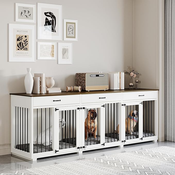 Dog Crate Furniture - Indoor Wooden Dog Kennel Crate Furniture with 2 Dividers, 3 Drawers, and 3 Lockable Doors, 95"x23.6"x31.5"H, White