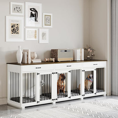 Dog Crate Furniture - Indoor Wooden Dog Kennel Crate Furniture with 2 Dividers, 3 Drawers, and 3 Lockable Doors, 95"x23.6"x31.5"H, White