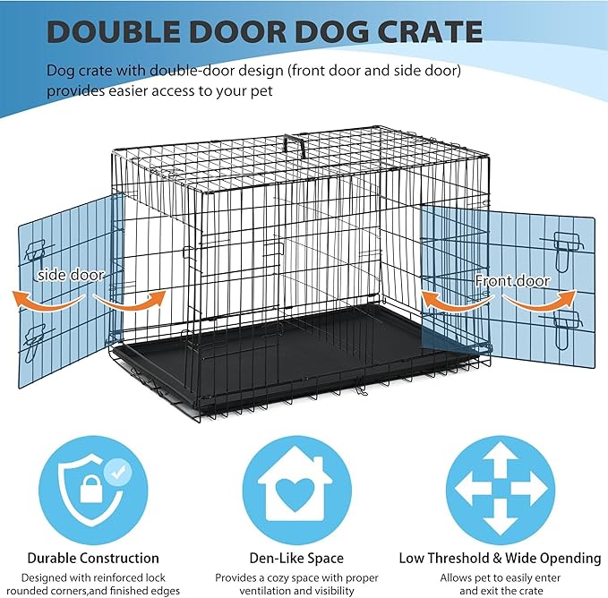 BestPet | 42" Dog Crate | Black | Foldable Metal Kennel with Double Doors, Secure Slide-Bolt Latches, Leakproof Tray | Portable Dog Cage for Large Breeds | for Travel, Indoor & Outdoor Use