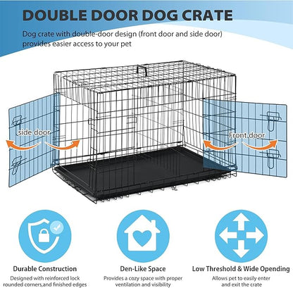 BestPet | 42" Dog Crate | Black | Foldable Metal Kennel with Double Doors, Secure Slide-Bolt Latches, Leakproof Tray | Portable Dog Cage for Large Breeds | for Travel, Indoor & Outdoor Use