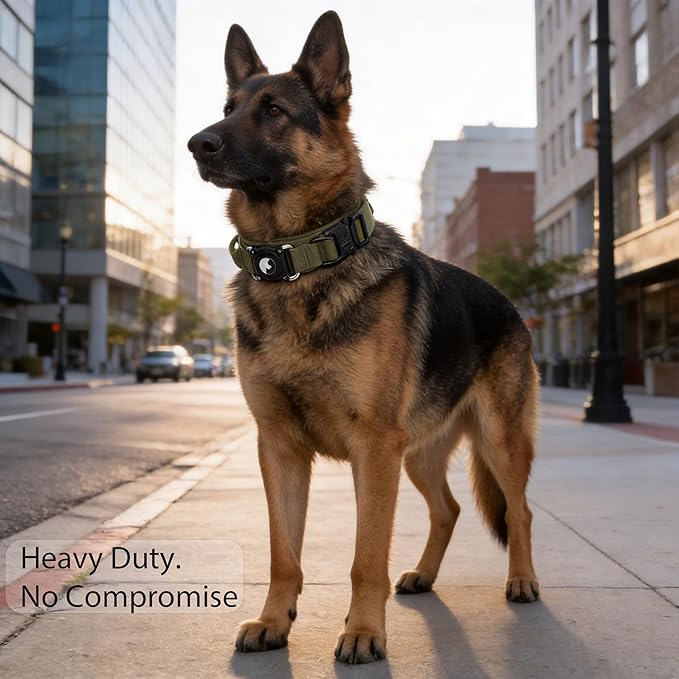 2026 Upgrade Waterproof AirTag Dog Collar, Comfortable Control Handle and Metal Buckle, Military Tactical Dog Collar with AirTag Holder, GPS Holder for Medium to Large Dogs (ArmyGreen,L)