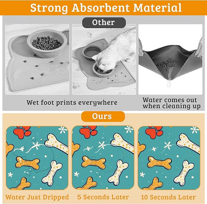Dog Paws Cat Food Mat,Bones Absorbent Pet Feeding Mat for Food and Water Bowl,Quick Dry Dog Placemat Non Slip Rubber Backing Waterproof Pet Supplies 16" x 24"
