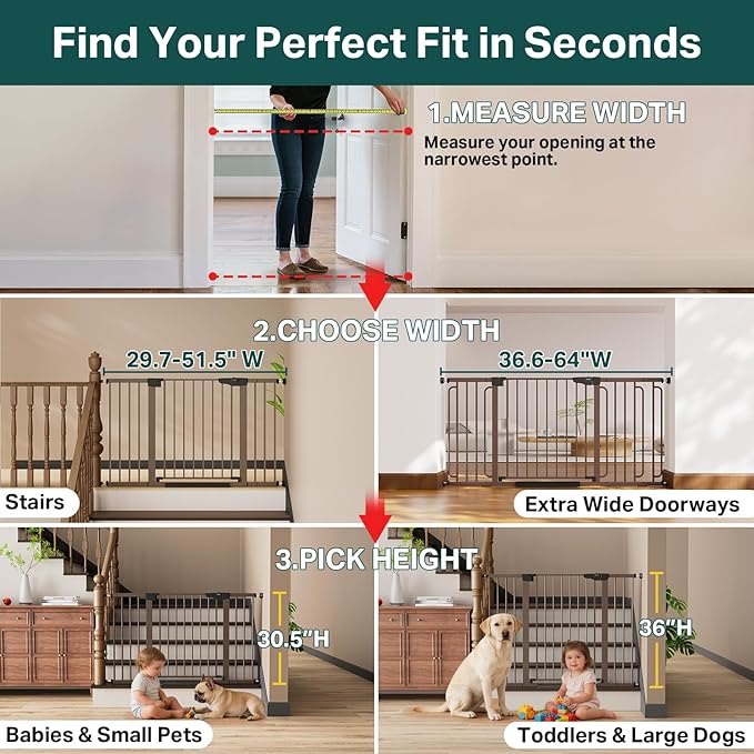 Cumbor 36.6-64" Extra Wide Baby Gate for Stairs, Dog Gates for Doorways, Auto-Close Pet Gate Indoor, Pressure Mounted Walk Through Safety Child Gate for Kids Toddler, Tall Pet Puppy Fence Gate, Brown
