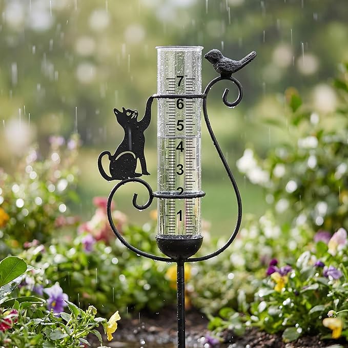Rain Gauge Outdoor, Cat & Bird Rain Gauges Outdoor Best Rated Decorative for Garden Yard Lawn with Easy-Read 7" Tube, Accurate Rainfall Measurement