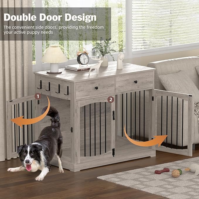Kucreiheat 40'' Wooden Dog Crate Furniture–Farmhouse Dog Kenel-Multi Purpose Pet House with Double Doors, 2 Drawers, for Small, Medium & Large Dogs–Rustic Grey Finish