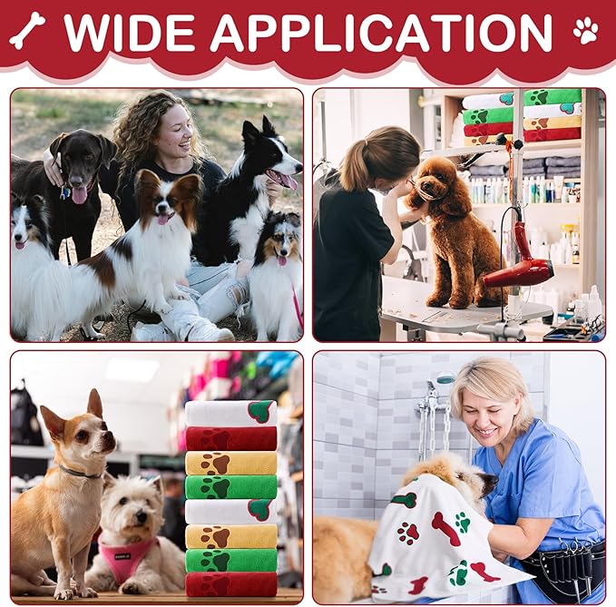 Chumia 8 Pcs Dog Towels for Drying Dogs Cats Pet Towels Bulk Puppy Microfiber Fast Drying Paw Bath Bathing Supplies Absorbent for Medium Pets(40 x 24 Inch,Dog Paw and Bone,Christmas Color)