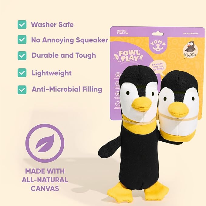 Yomp Penguin Dog Toy – Durable Stuffed, No Squeaker Dog Toys with Natural Canvas and Crinkle Paper – Interactive Stuffed Animal for Dogs (2-Pc Waddles Set)