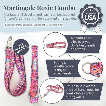 Lucky Love Dog Martingale Dog Collar & Leash - Adjustable, No-Slip, Durable, Comfortable, Soft Webbing, & Stylish Patterned Collar & Leash Set for Male and Female Dogs - Rosie Combo, Medium