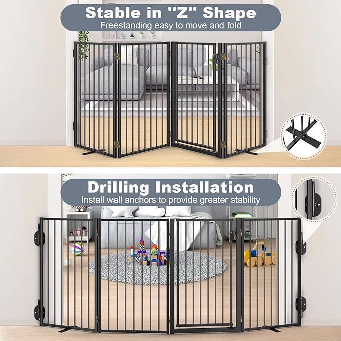 Metal Freestanding Dog Gates with Door for Outdoor Indoor,160'' Extra Wide 32'' Tall Free Standing Dog Gate for Doorways,Large Openings,Deck,Yard,Porch,Foldable Pet Fence(Black,8 Panels)