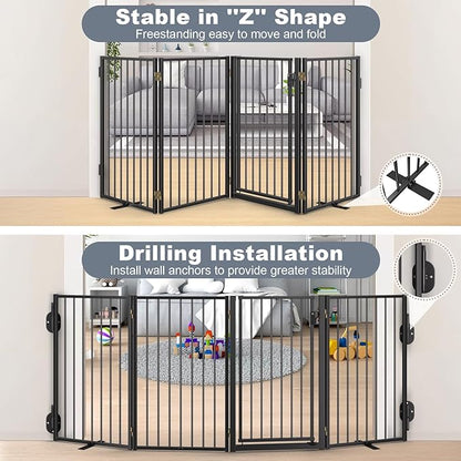 Metal Freestanding Dog Gates with Door for Outdoor Indoor,160'' Extra Wide 32'' Tall Free Standing Dog Gate for Doorways,Large Openings,Deck,Yard,Porch,Foldable Pet Fence(Black,8 Panels)