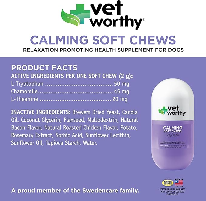 Vet Worthy Dog Calming Chews - Promotes Relaxation and Helps Reduce Stress in Pets with Tryptophan and L Theanine for Dogs - Calming Chews for Dogs Anxiety, Fireworks, and Travel - 60 Soft Chews