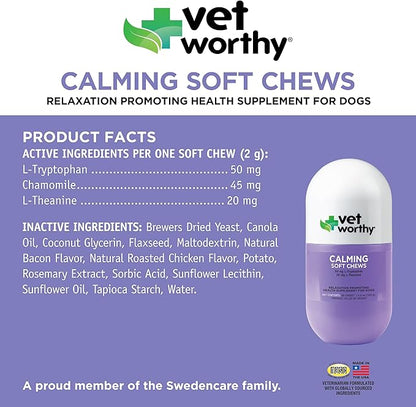 Vet Worthy Dog Calming Chews - Promotes Relaxation and Helps Reduce Stress in Pets with Tryptophan and L Theanine for Dogs - Calming Chews for Dogs Anxiety, Fireworks, and Travel - 60 Soft Chews