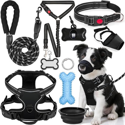 No Pull Dog Harness Adjustable Collar & Leash Set - Dog Halter Harnesses Collapsible Bowls & Poop Bag Dispenser Muzzle ID Tags Toys Fits Small Medium Large Dogs (Black-M)