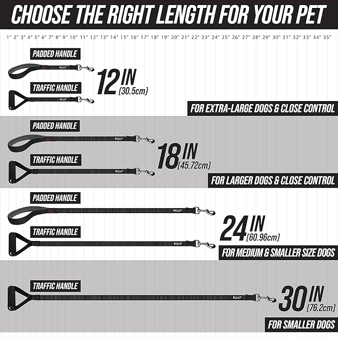 Leash Boss Traffic Handler - Short Dog Leash with Traffic Handle for Large Dogs - Great for Double Dog Couplers, Service Dogs, and Training (12 in, Red)