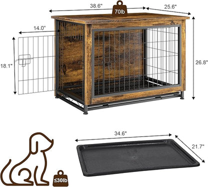 JY QAQA Dog Crate Furniture, Wooden Dogs Crate Table, Double-Doors Dog Furniture, Indoor Dog Kennel, Dog House, Dog Cage/Brown/L