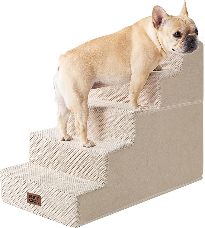 EHEYCIGA Dog Stairs for High Bed 22.5" H, 5-Step Dog Steps for Bed, Pet Steps for Small Dogs and Cats, Non-Slip Balanced Pet Ramp Indoor, Beige