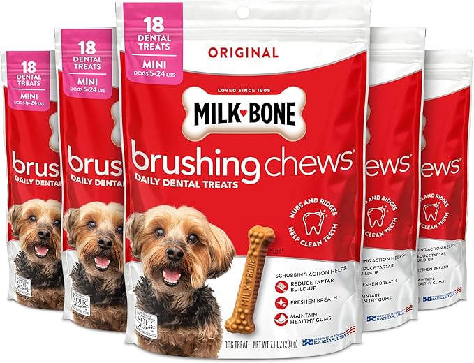 Milk-Bone Brushing Chews Original Chicken Flavor Daily Dental Dog Treats, Mini, 7.1 Oz. Bag (Pack of 5)