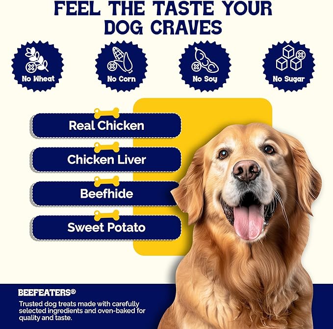 Beefeaters Triple Flavor Beefhide Kabobs 1.58oz (12 Pack) Dog Treats with Real Chicken, Liver & Sweet Potato – Long-Lasting Dog Kabob Treats for Chewing, Dental Support*, Flavor-Packed Treats
