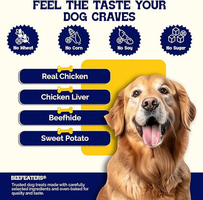 Beefeaters Triple Flavor Beefhide Kabobs 28oz, Dog Treats with Real Chicken, Liver & Sweet Potato – Long-Lasting Dog Kabob Treats for Chewing, Dental Support*, Flavor-Packed Treats - Training Rewards