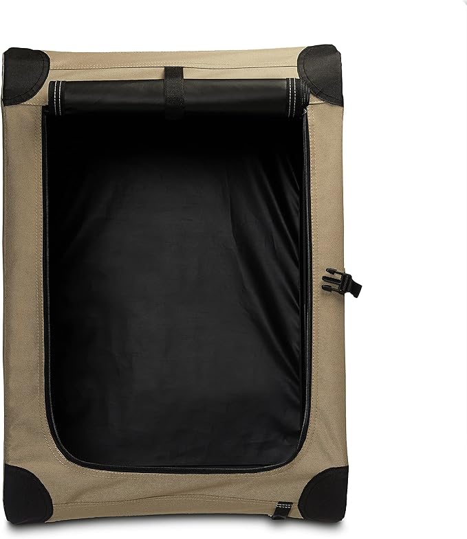 Amazon Basics Portable Folding Soft Dog Crate, 2-Door, Collapsible Travel Kennel, Top & Front Loading, Small 26" x 18" x 18", Tan