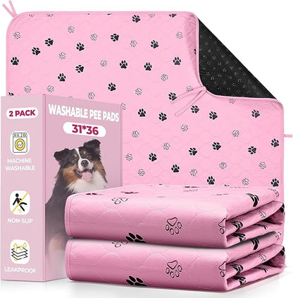Fostanfly Washable Pee Pads for Dogs, 2 Pack Large 31"x36" Ultra-Absorbent and Leak-Proof Non-Slip Reusable Potty Training Pads for Dogs, Cats, Puppy, Potty of Add 8 Lanyards, Pink