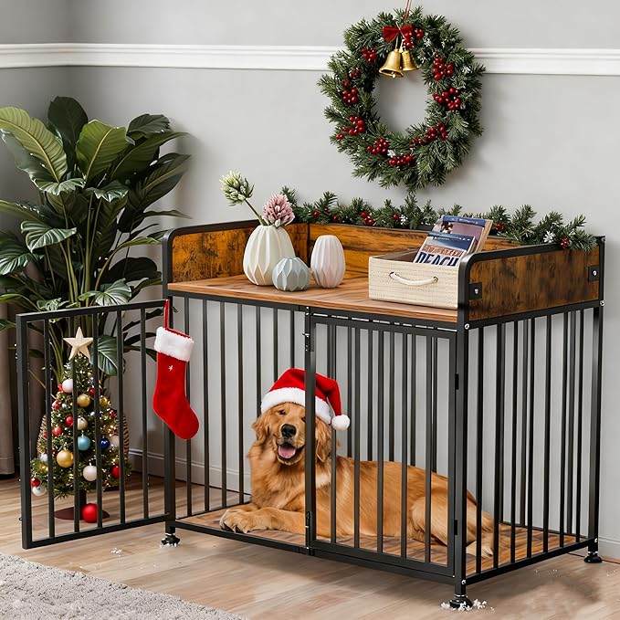 42 in Dog Crate Furniture, Medium Dog Kennel Indoor, Large Dog Kennel Indoor for Large Breed, Wooden Dog Cage Table Decorative for Small, Medium, Dog (Brown Wood & Black)