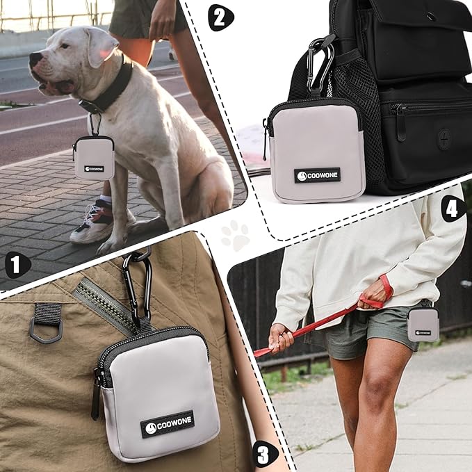 2 PCS Waterproof Small Dog Treat Bag for Leash, Hands Free Dog Walking Bag with Carabiner, Dog Poop Bag Holder for Pet Puppy Travel or Outdoor Use, Zipper Closure to Avoid Spilling