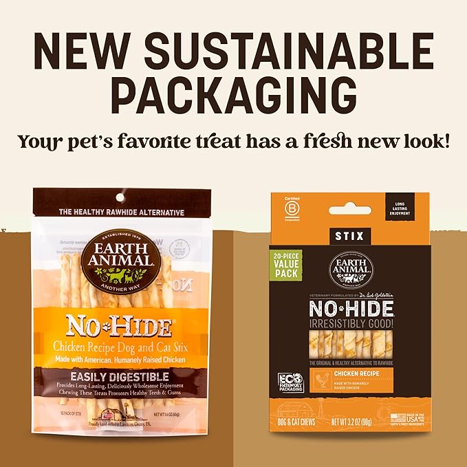 Earth Animal No Hide Stix - Long Lasting Rawhide Free Small Dog Chews Sticks, Chicken - 10 Count