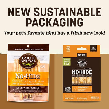 Earth Animal No Hide Stix - Long Lasting Rawhide Free Small Dog Chews Sticks, Chicken - 20 Count Value Pack