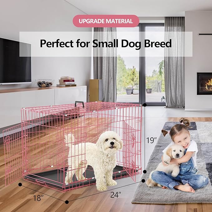 Dog Crate, 24/30/36/42/48 Inch Dog Crates for Small Medium Large Dogs Indoor, Folding Metal Dog Kennel Dog Cage with Double-Door, Divider Panel, Removable Tray, Locks and Handle, (24 Inch, Pink)
