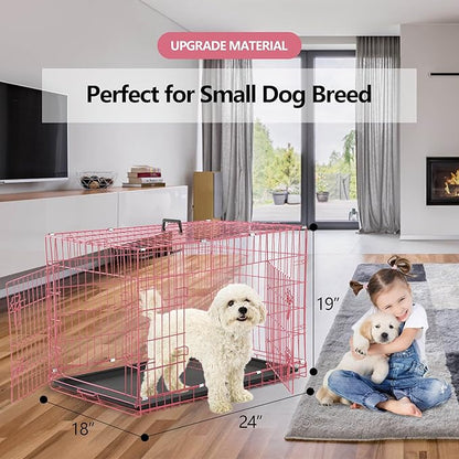Dog Crate, 24/30/36/42/48 Inch Dog Crates for Small Medium Large Dogs Indoor, Folding Metal Dog Kennel Dog Cage with Double-Door, Divider Panel, Removable Tray, Locks and Handle, (24 Inch, Pink)