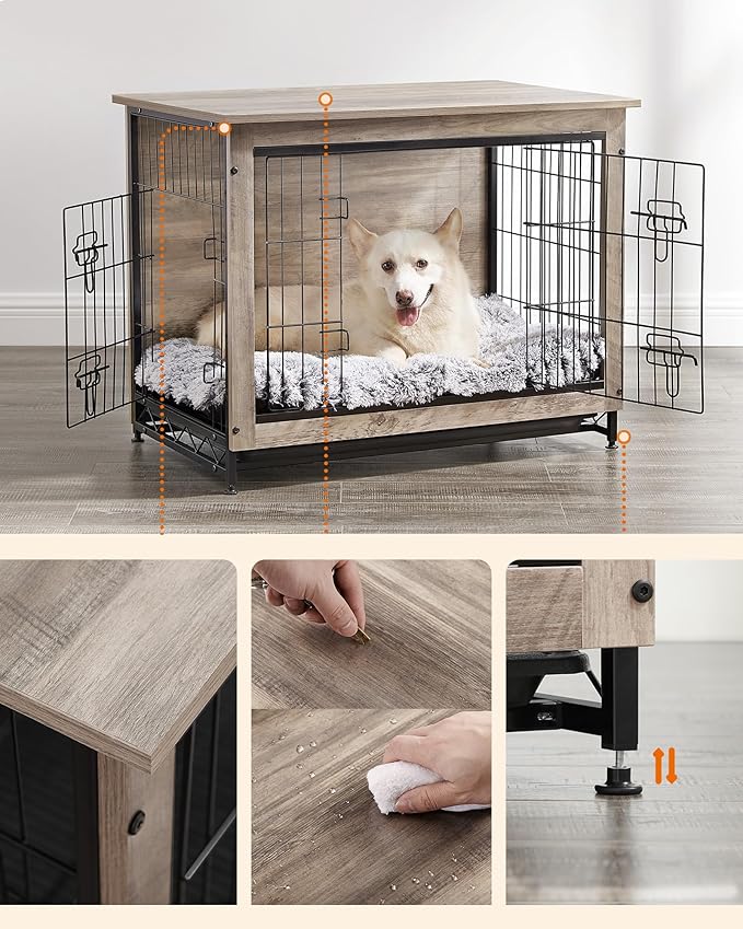 Feandrea 32.5" Dog Crate Furniture, Indoor Dog Cage Side End Table, L Pet Wood Kennel for Large and Medium Dogs up to 45 lb with Multi-Purpose Removable Tray, Double-Door Pet House, Greige